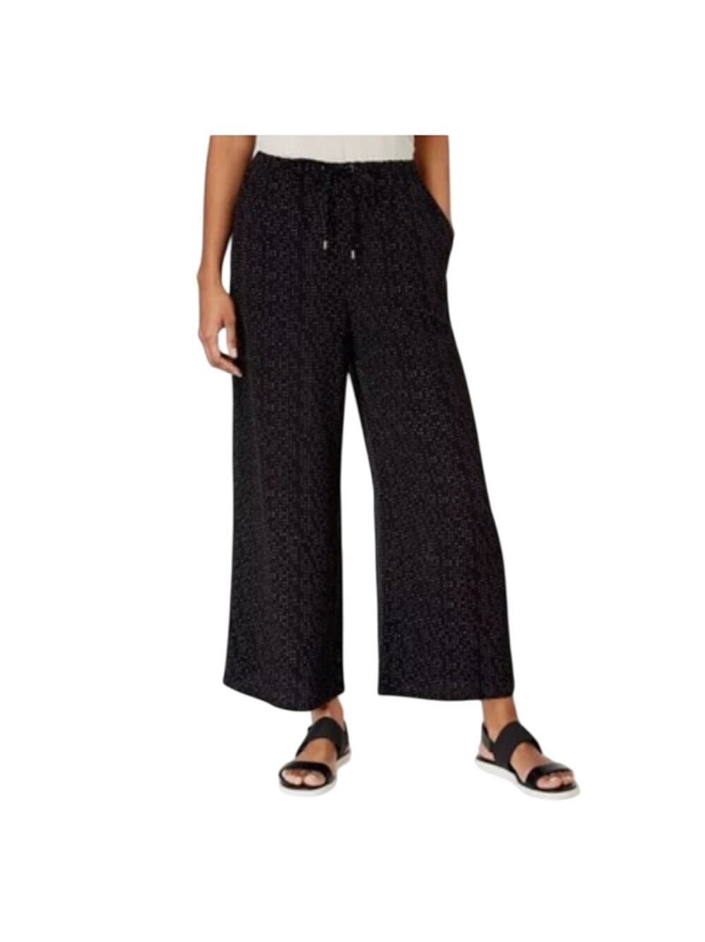 Eileen Fisher Wide Leg Pants With Drawstring & Pockets Black Morse Code Print, S